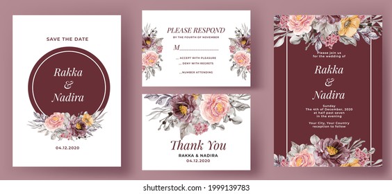 Elegant wedding invitation set Burgundy and pink Rose