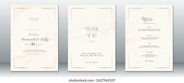 Elegant wedding invitation set with cream marble background and golden line border. Includes save the date, thank you card, and menu design. Perfect for classic and modern weddings.
