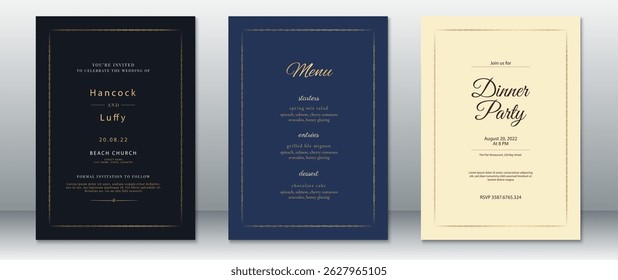 Convite de casamento elegante conjunto com fundos escuros e creme, design de borda dourada e cartão de jantar. Perfeito para eventos de casamento formais ou de luxo.