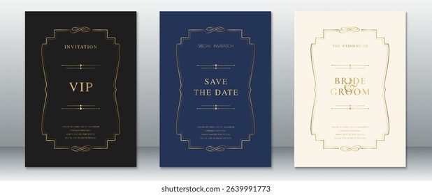 Elegant wedding invitation set in dark royal tones with gold decorative borders. Includes VIP, Save the Date, and Bride and Groom cards on black, navy blue, and cream backgrounds.