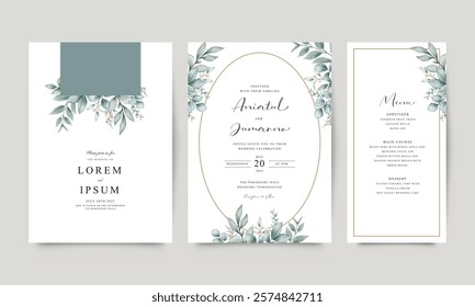 Elegant wedding invitation set decorated with floral leaves