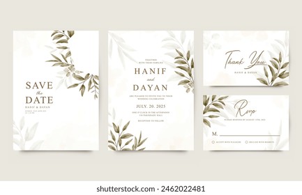 Elegant wedding invitation set with decoration green leaves watercolor