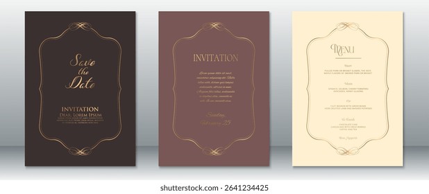 Elegant wedding invitation set featuring Save the Date, Invitation, and Menu cards with delicate gold flourish frames. Designed in warm vintage tones of deep brown, muted mauve, and cream.