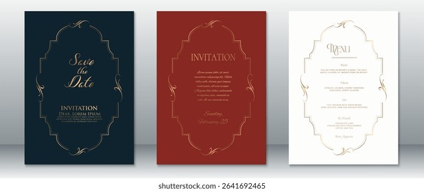 Elegant wedding invitation set featuring asymmetrical gold line frames on navy blue, brick red, and white backgrounds. Includes Save the Date, Invitation, and Menu cards.