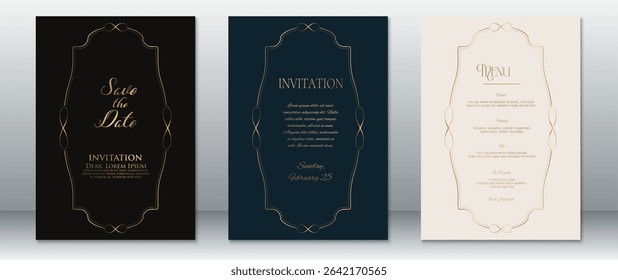 Elegant wedding invitation set featuring a symmetrical gold curved border with circular motifs on black, navy, and cream backgrounds. Includes Save the Date, Invitation, and Menu cards.