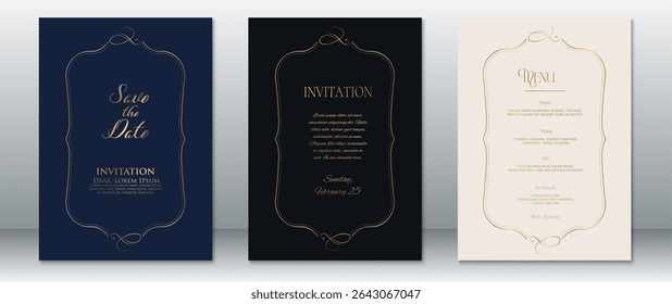 Convite de casamento elegante conjunto com quadros decorativos dourados em azul marinho, preto e fundos creme. Ideal para eventos de casamento clássicos, formais e com tema vintage e menus.