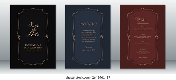 Elegant wedding invitation set featuring a classic golden frame on black, navy blue, and burgundy backgrounds. Includes save the date, invitation, and menu cards with sophisticated typography.
