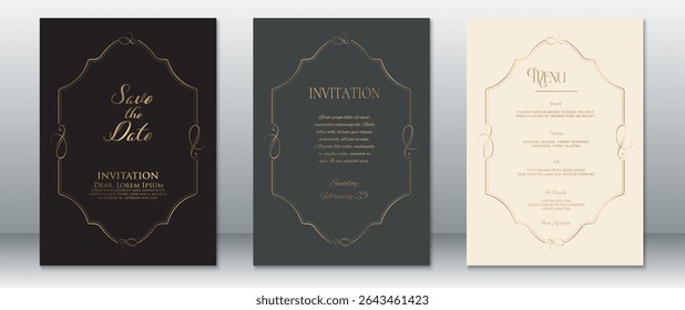 Elegant wedding invitation set featuring golden frame details on black, dark gray, and cream backgrounds. Includes save the date, invitation, and menu cards with refined typography.