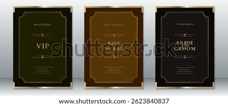 Elegant wedding invitation set featuring minimalist gold line borders and sophisticated typography on dark backgrounds. Perfect for upscale events, gala nights, and classic wedding celebrations.