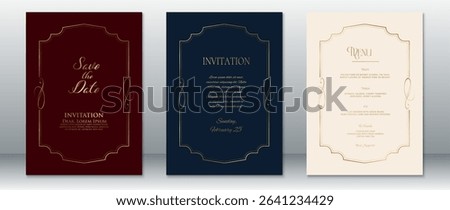 Elegant wedding invitation set featuring gold ornate frames on deep burgundy, navy blue, and cream backgrounds. Includes Save the Date, Invitation, and Menu designs. 
