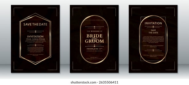Elegant Wedding Invitation Set with Geometric Gold Frames on Dark Brown Background