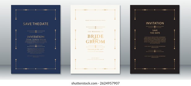 Elegant Wedding Invitation Set with Gold Ornaments on Blue, White, and Black Backgrounds