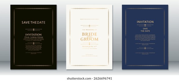 Elegant Wedding Invitation Set with Gold Chain Border on Dark and Light Backgrounds