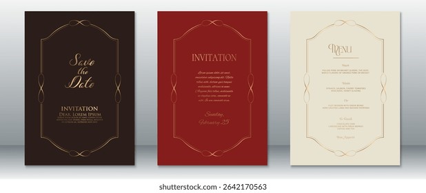 Elegant wedding invitation set with gold curved frames on dark brown, red, and cream backgrounds. Includes Save the Date, Invitation, and Menu cards in a refined vintage style.