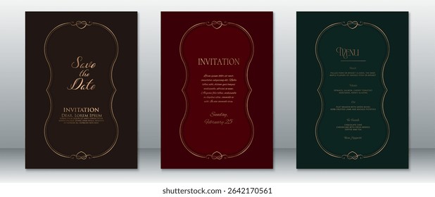 Elegant wedding invitation set with golden ornate frames on dark brown, burgundy, and green backgrounds. Features refined typography and classic layout.