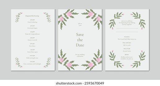 Elegant Wedding Invitation Set with Hand-Drawn Floral Design. Romantic Botanical Frame with Soft Pink Flowers and Green Leaves. Minimalist Aesthetic for RSVP, Save the Date, and Thank You Cards.