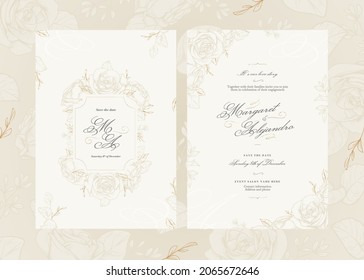 Elegante plantilla de juego de invitación a la boda con flores. Concepto de ornamento de boda. Afiche Gold Floral, invitación.