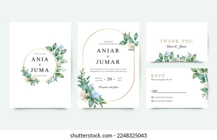 Elegant wedding invitation set template with watercolor flowers and leaves