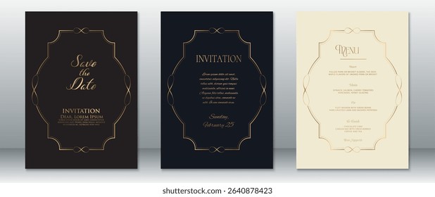 Elegant wedding invitation suite featuring Save the Date, Invitation, and Menu designs with ornate oval gold borders. Set against rich black, navy blue, and soft cream backgrounds.
