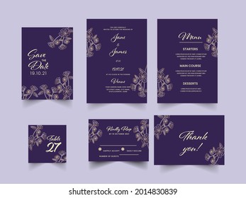 Elegant Wedding Invitation Suite In Purple And Golden Color.