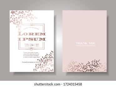 Elegant Elegant Wedding Invitation, Sweet Rose Gold Tone, Rose Gold Leaf Pattern On The Background, Letters In Gold Frame. Illustration