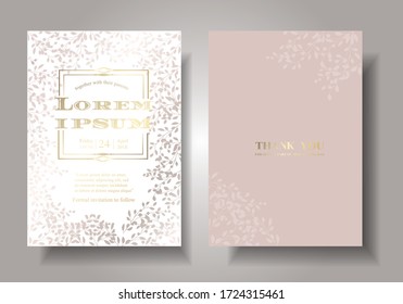 Elegant Elegant Wedding Invitation, Sweet Rose Gold Tone, Rose Gold Leaf Pattern On The Background, Letters In Gold Frame. Illustration