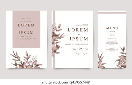 Elegante Plantilla de invitación de boda con hermosas hojas de acuarela marrón