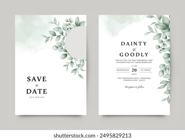 Elegant wedding invitation template with beautiful watercolor leaves