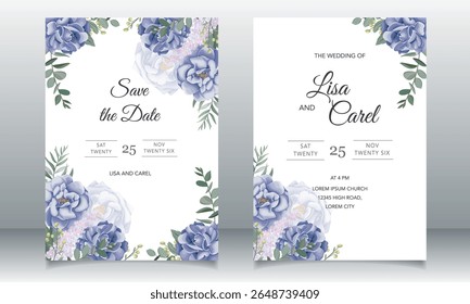 Elegant wedding invitation template with beautiful leaves and flowers