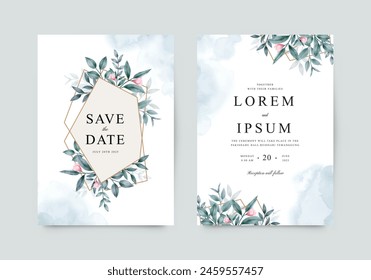 Elegant wedding invitation template with blue leaves and geometric frame