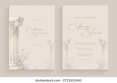 Modelo de convite de casamento elegante com colunas clássicas