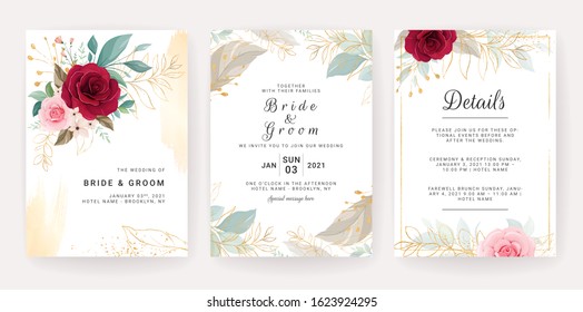 Elegant wedding invitation template design of red and peach rose flowers and gold leaves. Botanic illustration for save the date, event, cover, poster. Set of cards with floral decoration vector