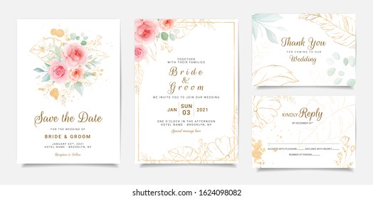 Elegant wedding invitation template design of peach rose flowers and gold leaves. Botanic illustration for save the date, event, cover, poster. Set of cards with floral decoration vector