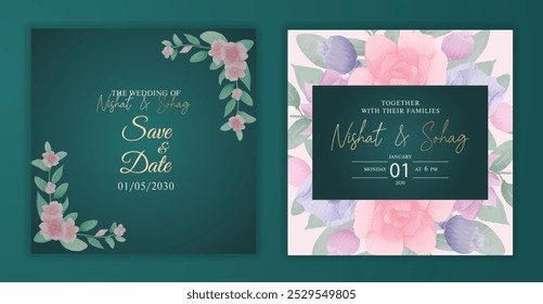 Elegante Hochzeit Einladung Vorlage mit Aquarell Blumendesign mit Rosa und Grün Details