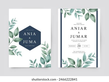 Elegante Plantilla de invitación de boda con acuarela de follaje