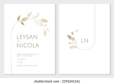 Elegant wedding invitation template. Gold textured twigs -frames. Hand-drawn leaves.