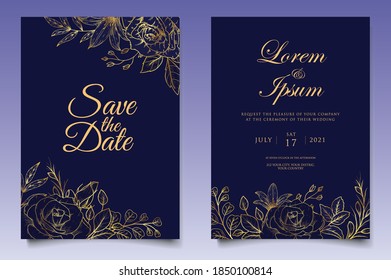 Elegant wedding invitation template with golden floral decoration