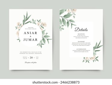 Elegant wedding invitation template with green flowers and leaves