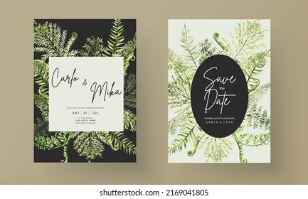elegant wedding invitation template with greenery watercolor fern leaves
