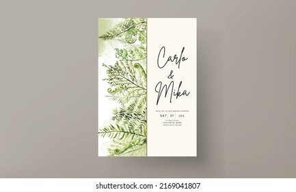 elegant wedding invitation template with greenery watercolor fern leaves