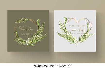 elegant wedding invitation template with greenery watercolor fern leaves