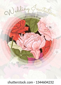 Elegant wedding invitation template. Hand drawn floral background with lots of flowers. Classic design. Vector illustration.