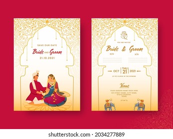 Elegant Wedding Invitation Template Layout With Hindu Bridegroom Character In Front And Back View.