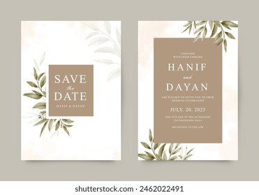 Elegante Plantilla de invitación de boda con hojas de acuarela