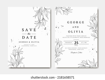 Elegante plantilla de invitación de boda con hojas de arte de línea