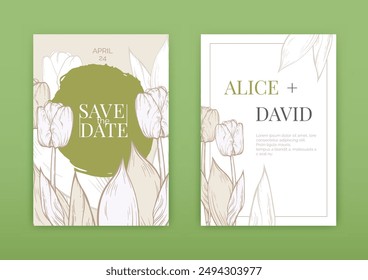 Elegant wedding invitation template with many big vintage tulips. Double sides design. Luxury hand drawn linear flowers. Cute pastel color art layout. Spring event advertising. Ink contour plant frame
