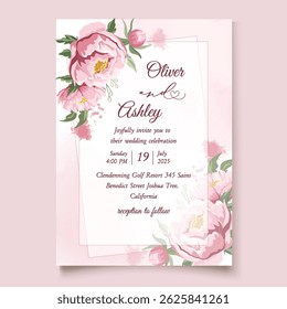 Elegant wedding invitation template with pink peonies and green leaves, ideal for spring celebrations and romantic floral-themed events