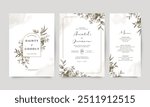 Elegant wedding invitation template set with watercolor leaves