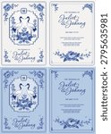 Elegant wedding invitation template set designed in luxury Chinoiserie and vintage blue and white porcelain style. The design features a pair of cranes, peony flowers and the double happiness symbol, captures a classic Asian ceramic aesthetic.