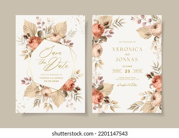 Elegante plantilla de invitación a bodas con floral seca y decoración de hojas